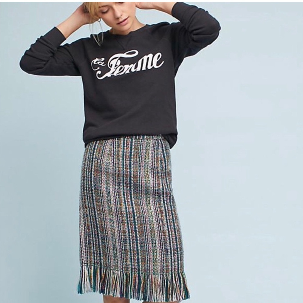 Anthroplogie Maeve Fringed Tweed Pencil Skirt